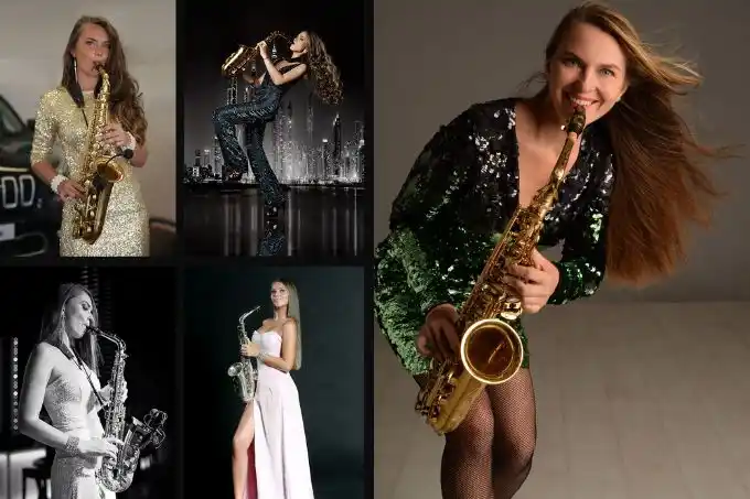 Saxofonista chica femenina actuando en una boda en Barcelona, música en vivo elegante por Saulė Espectáculos.